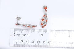 Vintage Coral Dangle Earrings with Old cut Diamonds Art Deco Chandelier Platinum