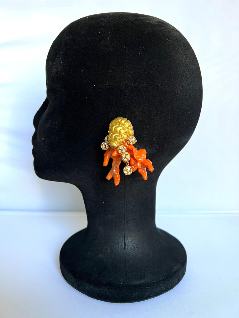 Vintage Christian Lacroix faux coral, shell, and diamante statement clip-on earrings - runway fall/winter 1988. Please see the last photo for reference. 