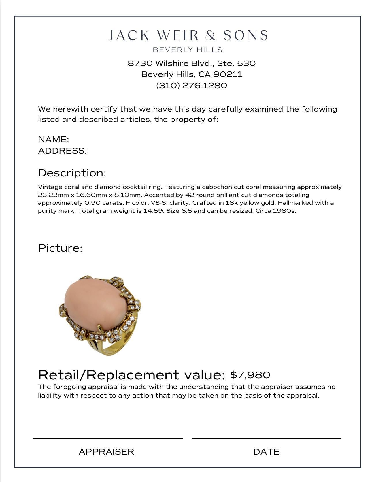 Vintage coral diamond 18k yellow gold cocktail ring In Excellent Condition For Sale In Beverly Hills, CA