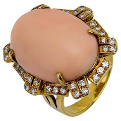 Anillo de cóctel vintage coral diamante oro amarillo 18k