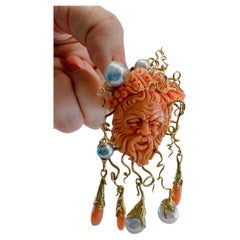 Vintage Coral Diamond And South Sea Pearls Cameo Gold Brooch Pendant