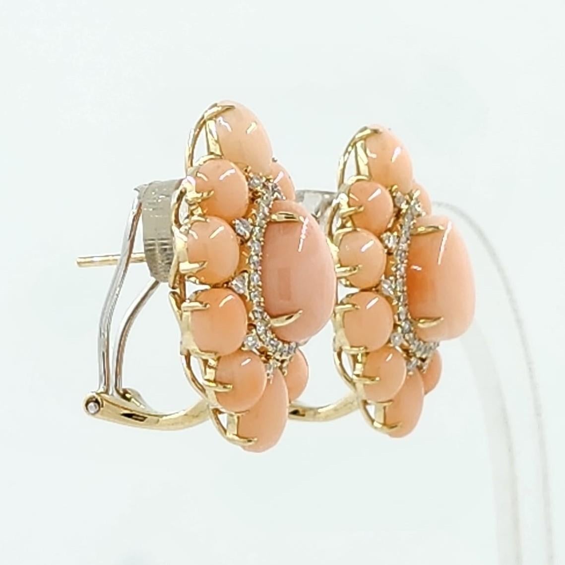 Contemporary Vintage Coral Diamond Earrings in 14 Karat Yellow Gold