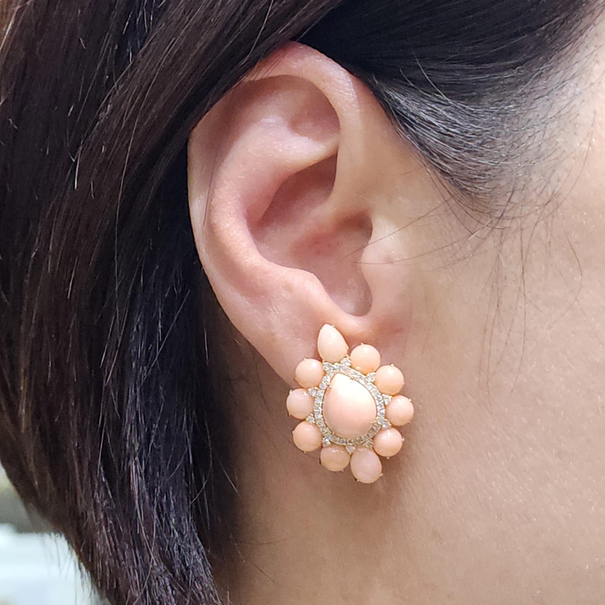 Pear Cut Vintage Coral Diamond Earrings in 14 Karat Yellow Gold