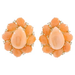 Boucles d'oreilles vintage en or jaune 14 carats avec corail et diamants