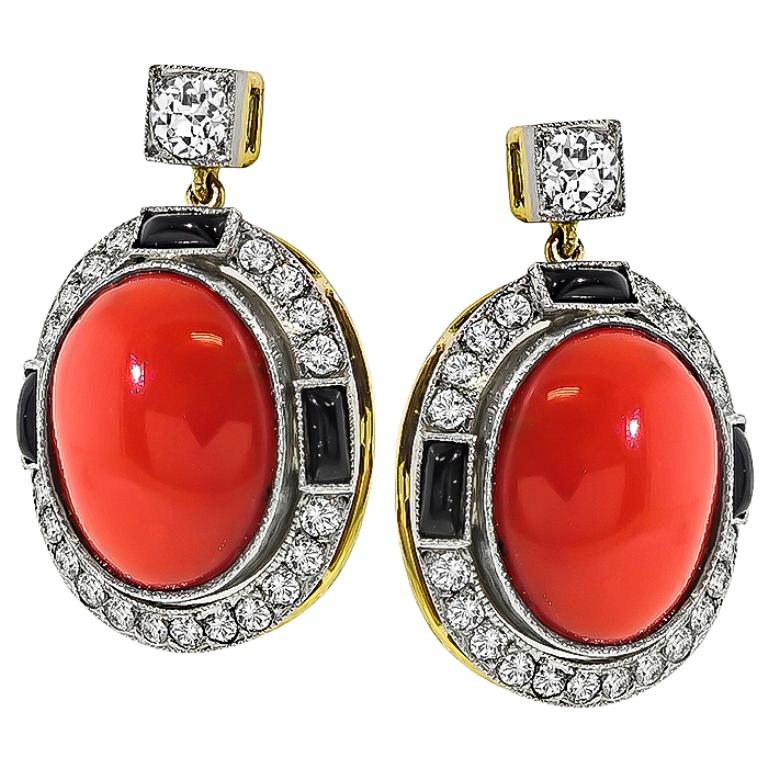 Vintage Coral Diamond Onyx Gold Earrings In Good Condition In New York, NY