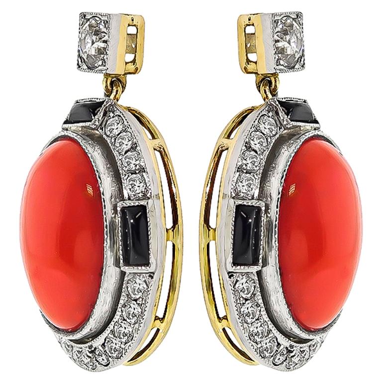 Women's or Men's Vintage Coral Diamond Onyx Gold Earrings