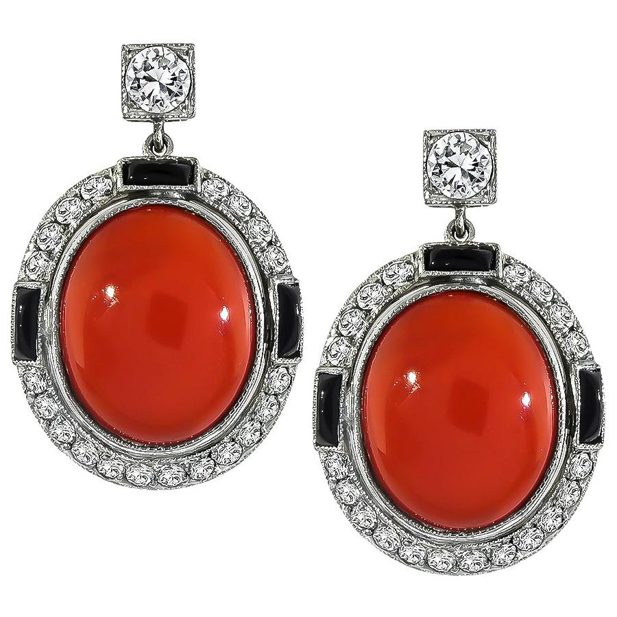 Vintage Coral Diamond Onyx Gold Earrings