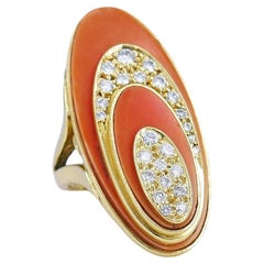 Vintage Coral Diamond Ring 18k Gold Estate Jewelry