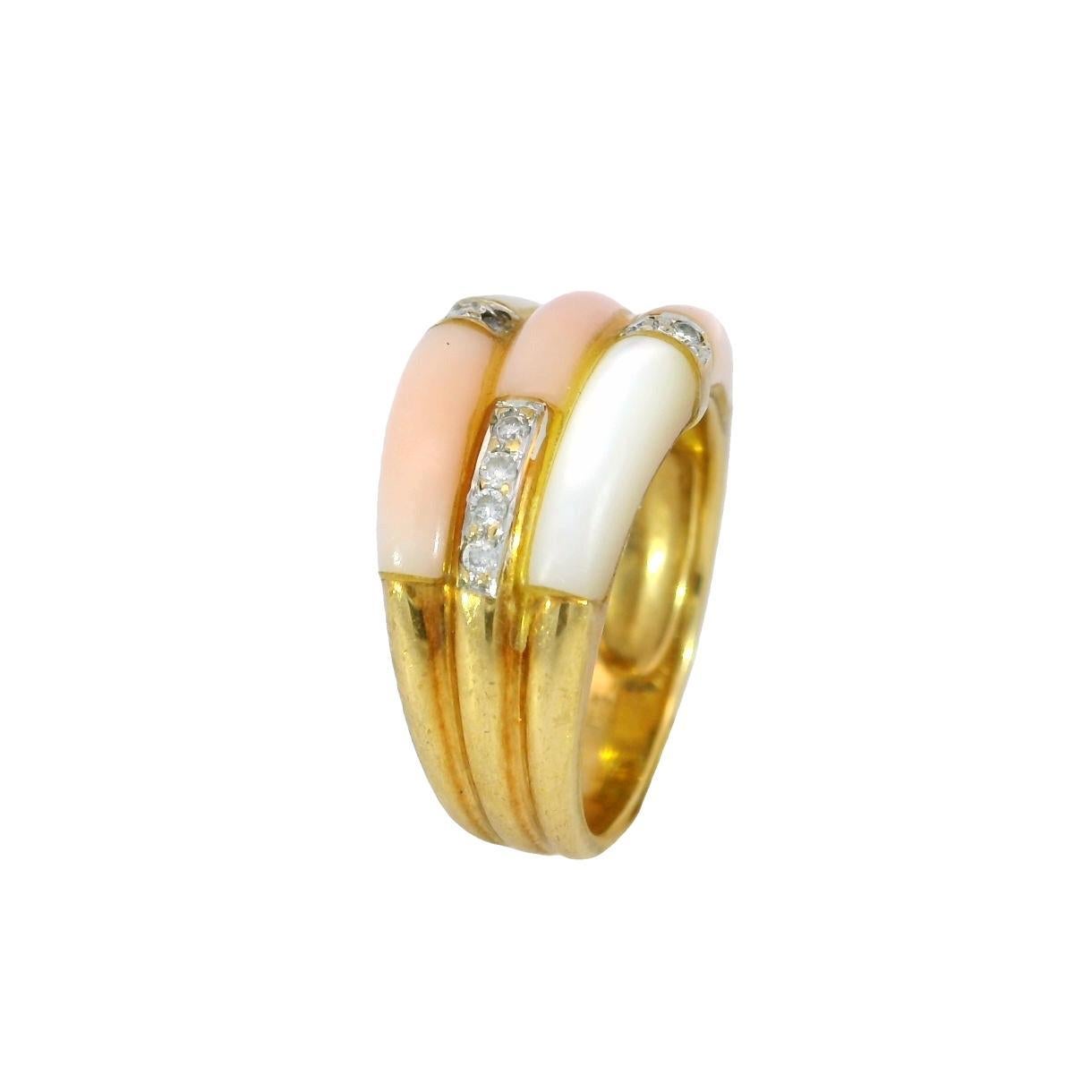 Vintage Koralle Diamant Stacker Ring 18 Karat Gelbgold Perlmutt Gr. 5,75 im Angebot 2