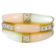 Vintage Coral Diamond Stacker Ring 18 Karat Yellow Gold Mother of Pearl Sz 5.75