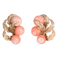 Vintage Coral Earrings 14 Karat Gold Clip-On Leaf Design Estate Fine Jewelry