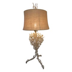 Vintage Coral Effect Twig Wrought Iron White Tripod Base Table Lamp Rare