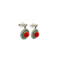 Vintage Coral, Emerald and Diamond Platinum Drop Earrings Estate Fine Jewelry