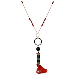 Vintage Coral Emerald Onyx YG Pendant w/Diamonds and Chain