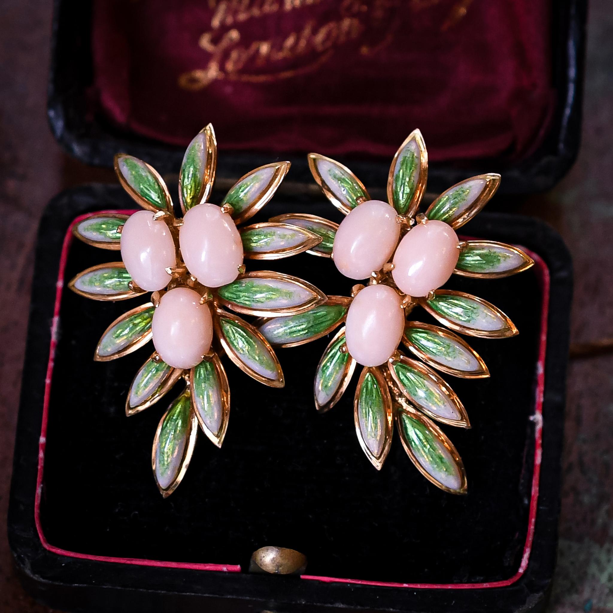 Vintage Coral Enamel Foliate Earrings In Fair Condition In Sale, Cheshire