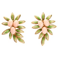 Vintage Coral Enamel Foliate Earrings