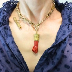 Vintage Coral Figa Pendant 14k Gold Toggle Chain Necklace