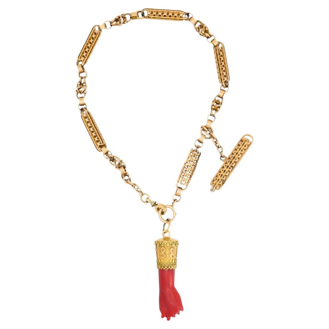 Vintage Coral Figa Pendentif 14k Gold Toggle Chain Necklace