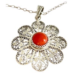Colgante flor vintage de filigrana de coral de plata de ley 925 y cadena, italiano