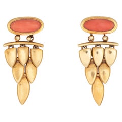 Vintage Coral Fringe Drop Earrings Triangle 18k Yellow Gold Fine Estate Jewelry