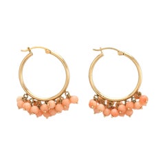 Vintage Coral Fringe Earrings Hoops 14 Karat Yellow Gold Estate Fine Jewelry