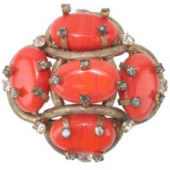 Vintage Coral Glass & Rhinestone Brooch