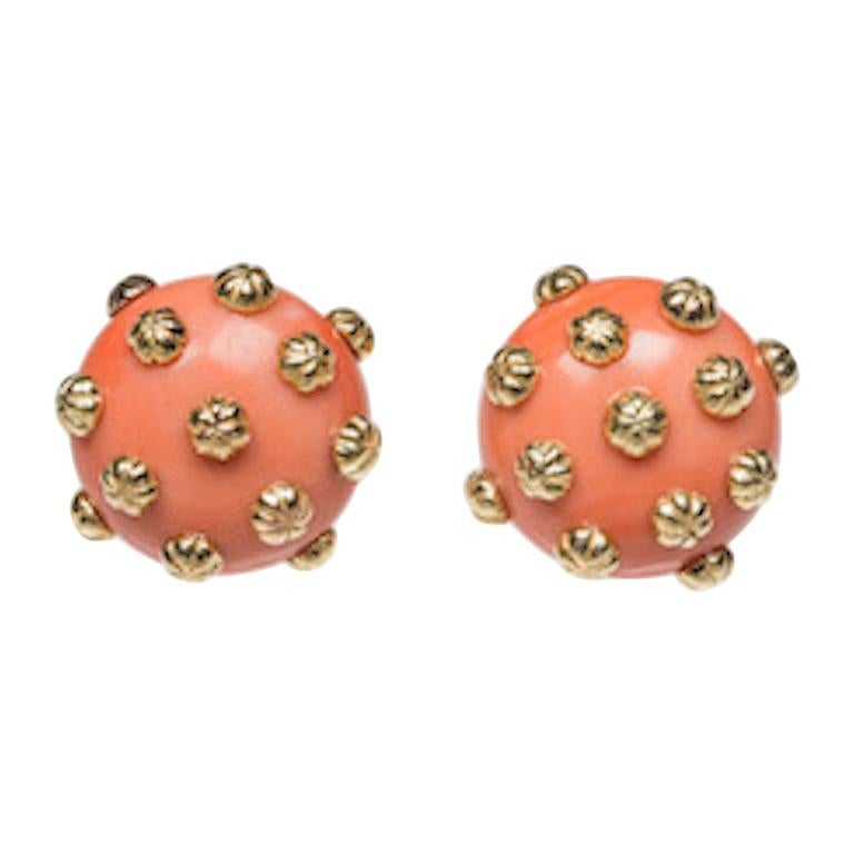 Vintage Coral Gold Button Earrings Clip On Earrings For Sale