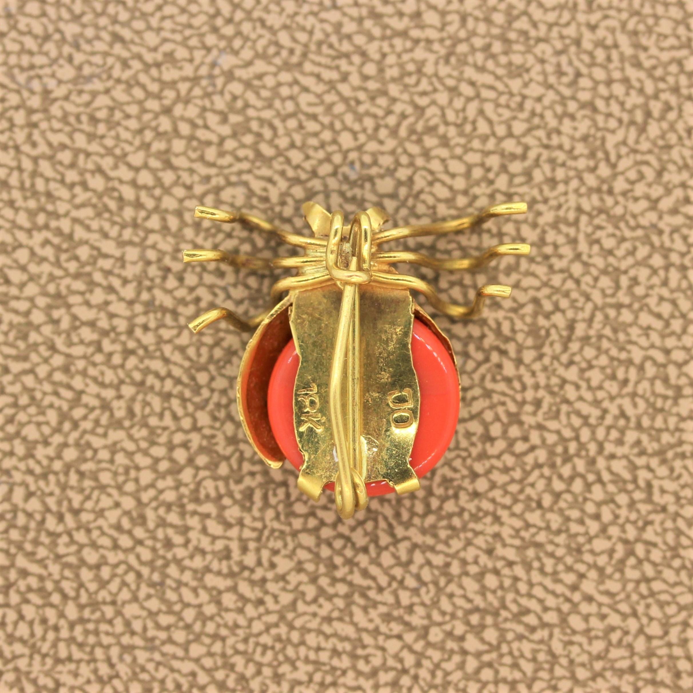 Women's Vintage Coral Gold Ladybug Brooch Pendant For Sale