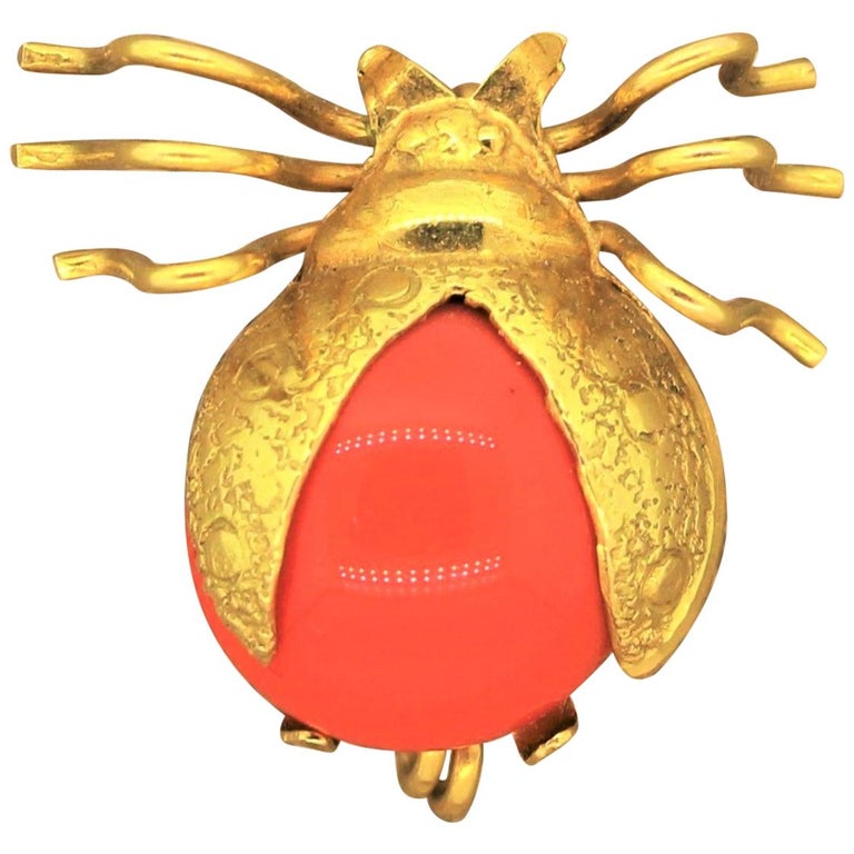 Vintage Coral Gold Ladybug Brooch Pendant