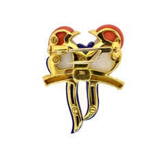 Vintage Coral Jade Lapis Lazuli Gold Bird Brooch