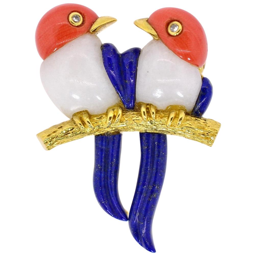 Vintage Coral Jade Lapis Lazuli Gold Bird Brooch For Sale