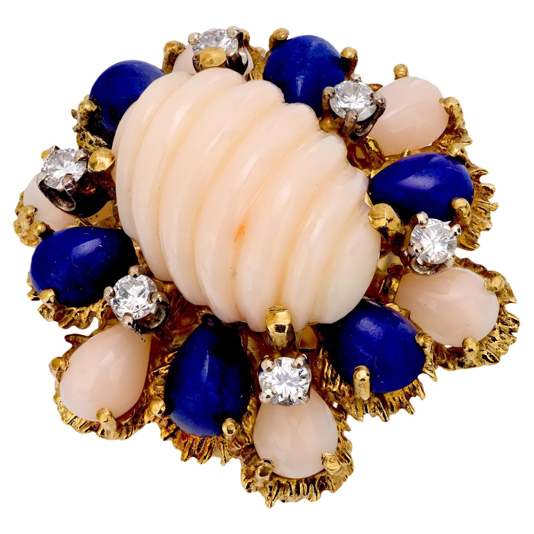 Cocktailring aus 18 Karat Gelbgold mit Koralle, Lapislazuli und Diamant