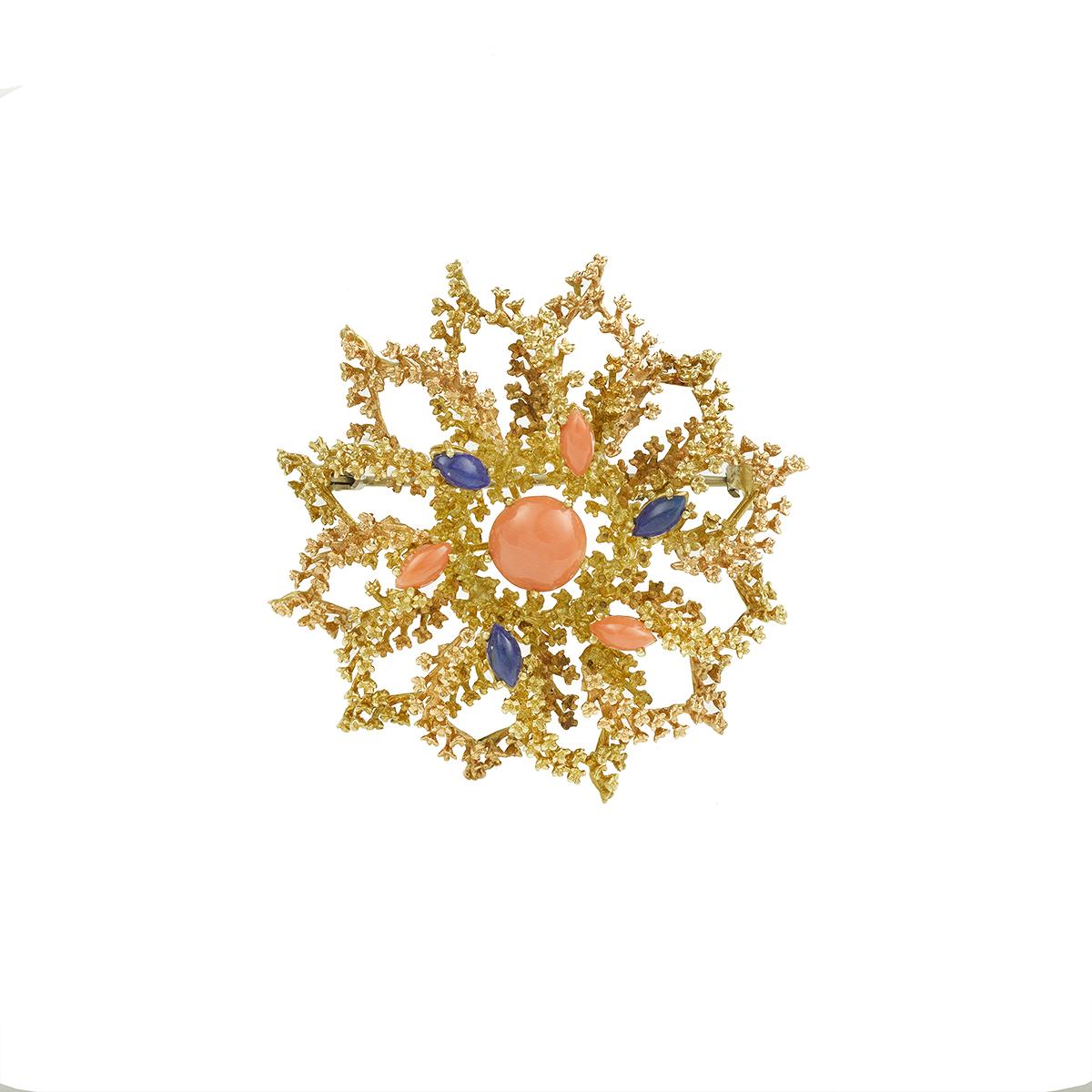 Vintage Coral Lapis Lazuli 18 Karat Yellow Gold Sea Urchin Brooch
