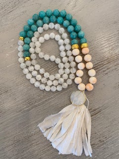 Vintage Coral, Moonstone, Amazonite Mala / Meditation Necklace in 18 Karat YG
