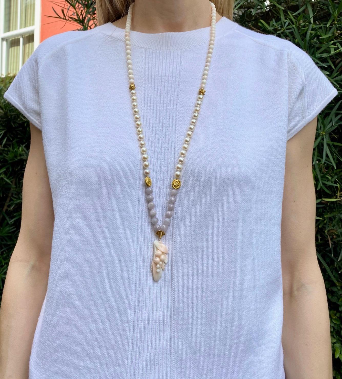 Perle Collier de méditation et de prières vintage en mala 22 carats, corail, morganite et perles en vente