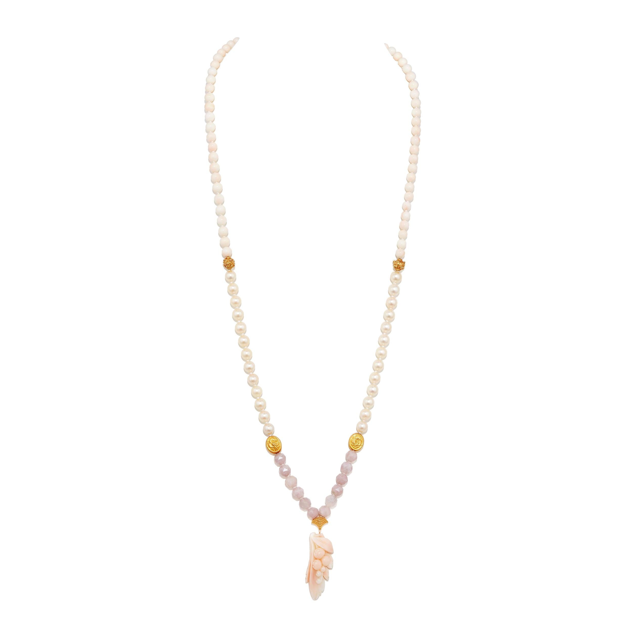 Vintage Coral, Morganite, Pearl in 22 Karat Mala / Meditation / Prayer Necklace For Sale