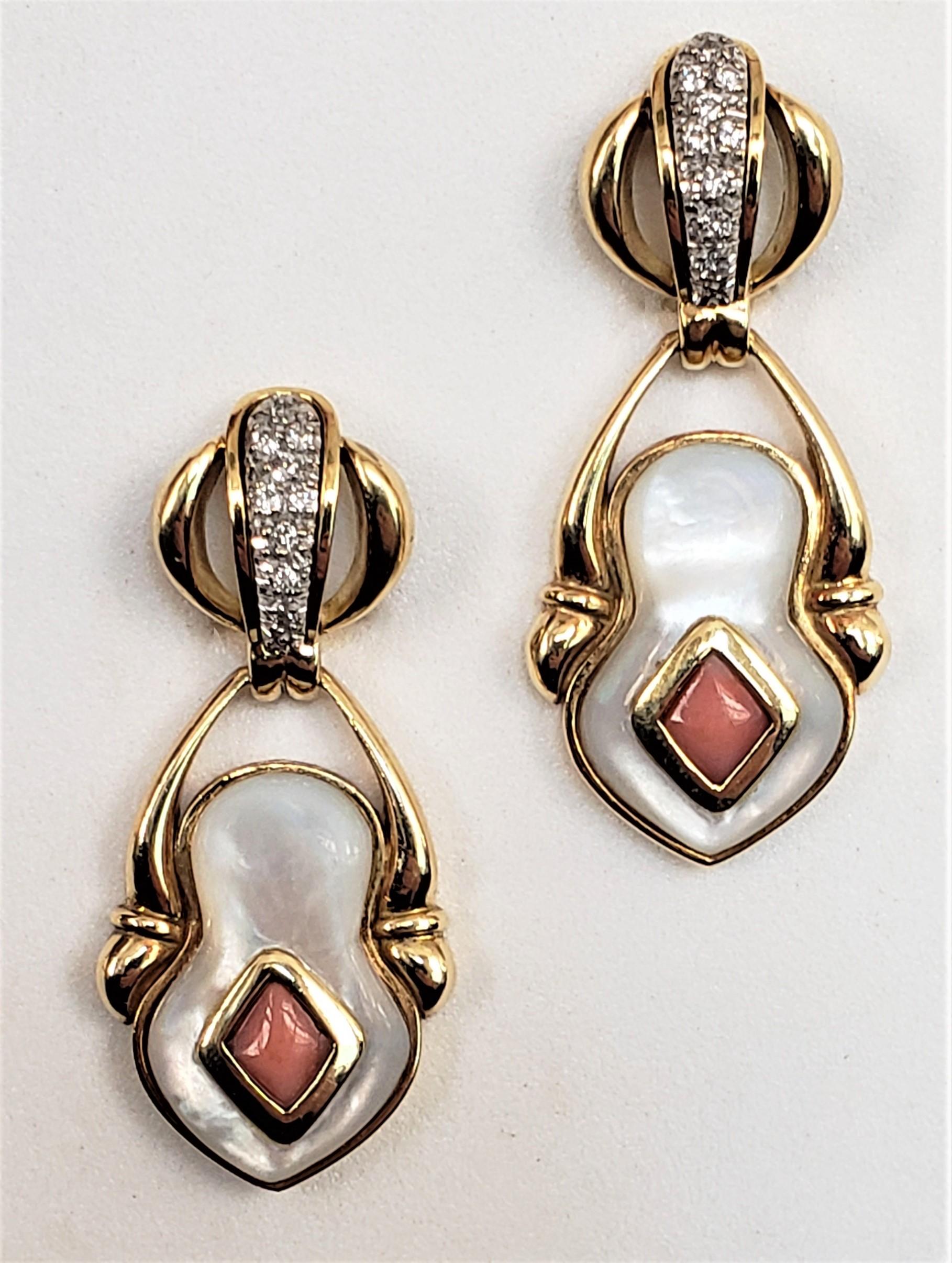 Women's Vintage Coral. Mother of pearl, diamond earrings 18K 40MM For Sale