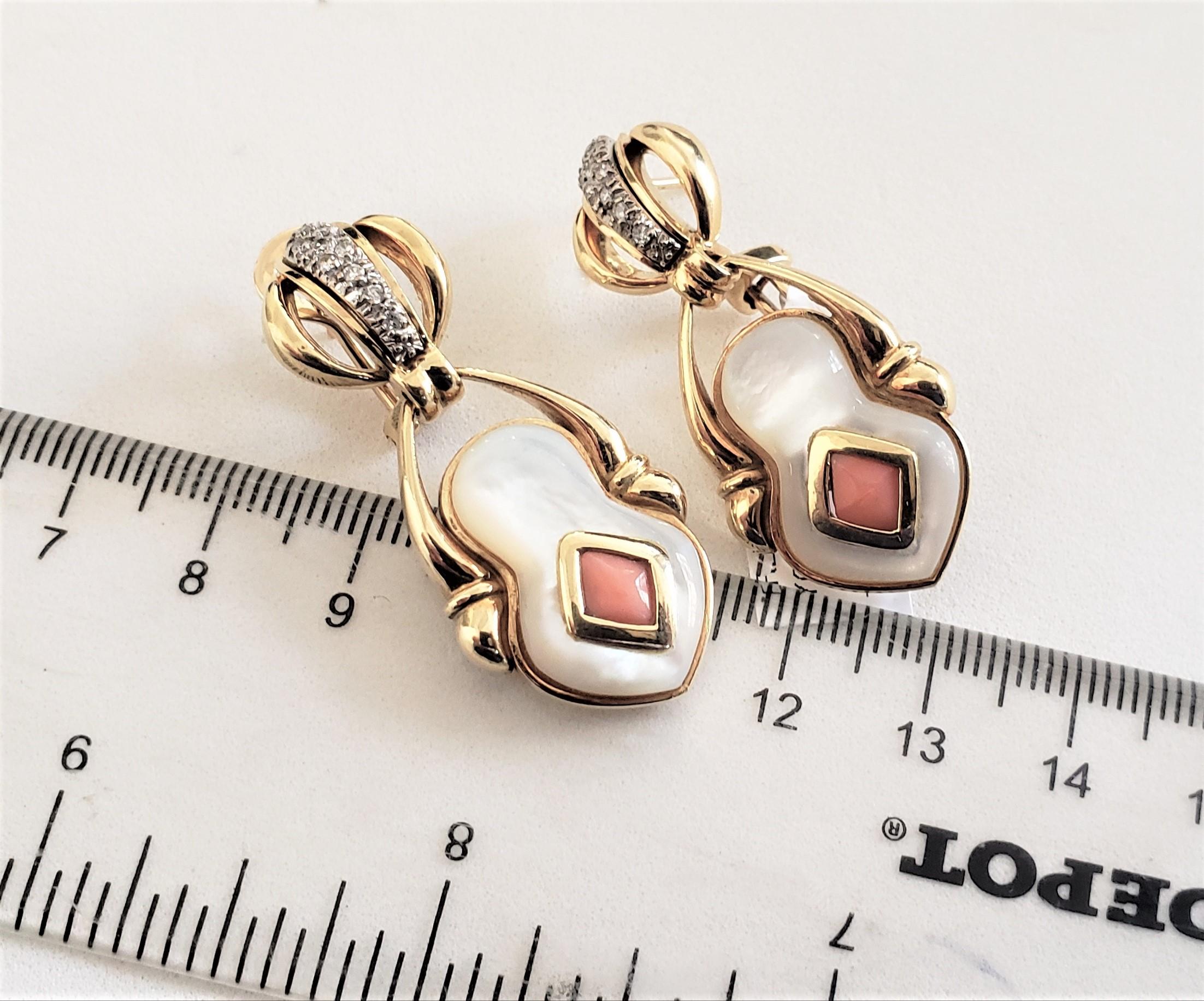 Vintage Coral. Mother of pearl, diamond earrings 18K 40MM For Sale 2