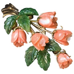 Vintage Coral Nephrite Jade Gold Flower Brooch