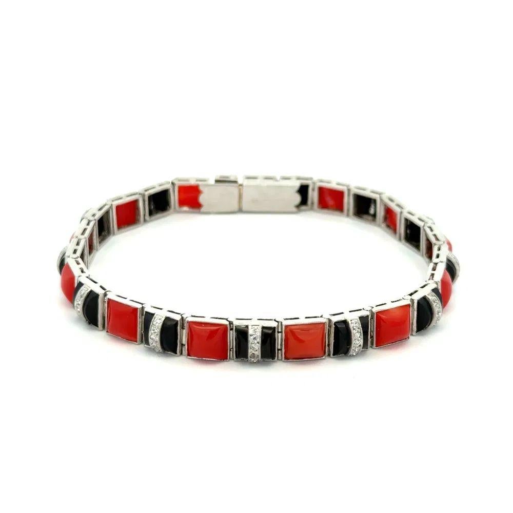 Vintage Koralle, Onyx und Diamant Platin Statement Link-Armband (Gemischter Schliff) im Angebot