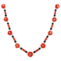 Vintage Coral, Onyx and Diamond Platinum Station Necklace