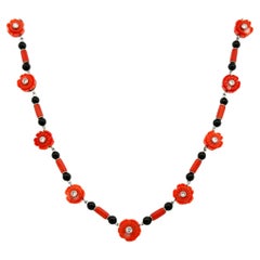 Collier platine vintage en corail, onyx et diamants