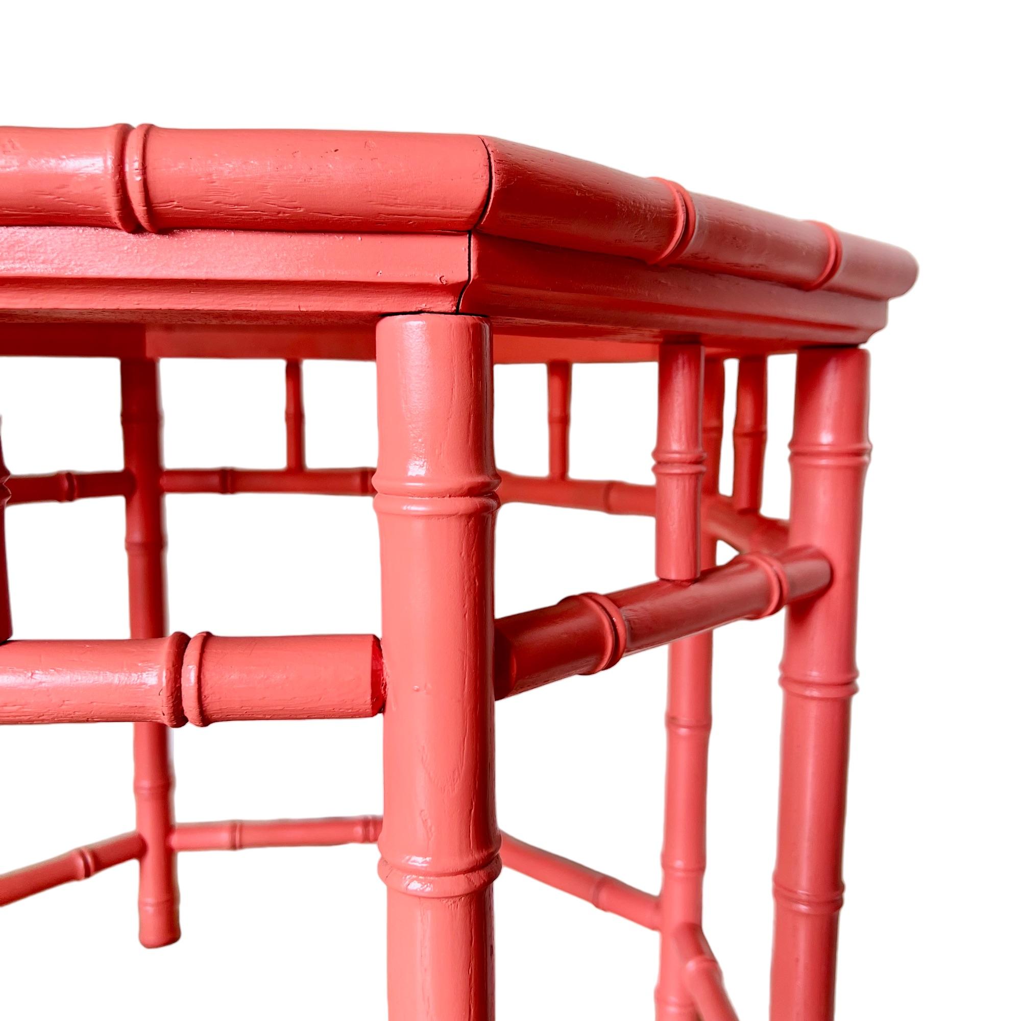 Vintage Coral Painted Faux Bamboo Octagon Accent Table 3