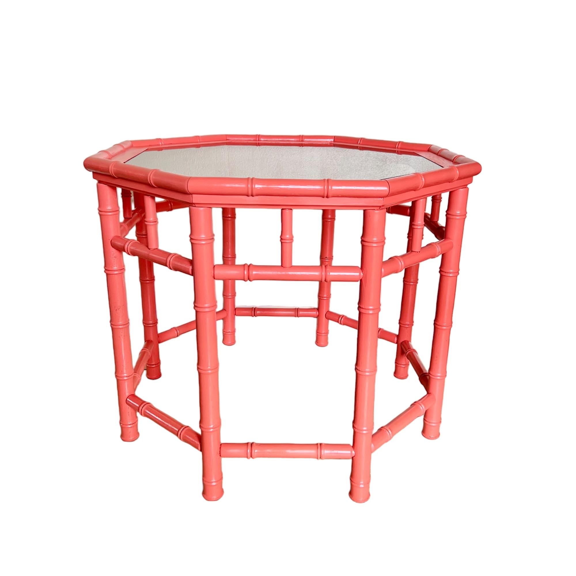 Hollywood Regency Vintage Coral Painted Faux Bamboo Octagon Accent Table