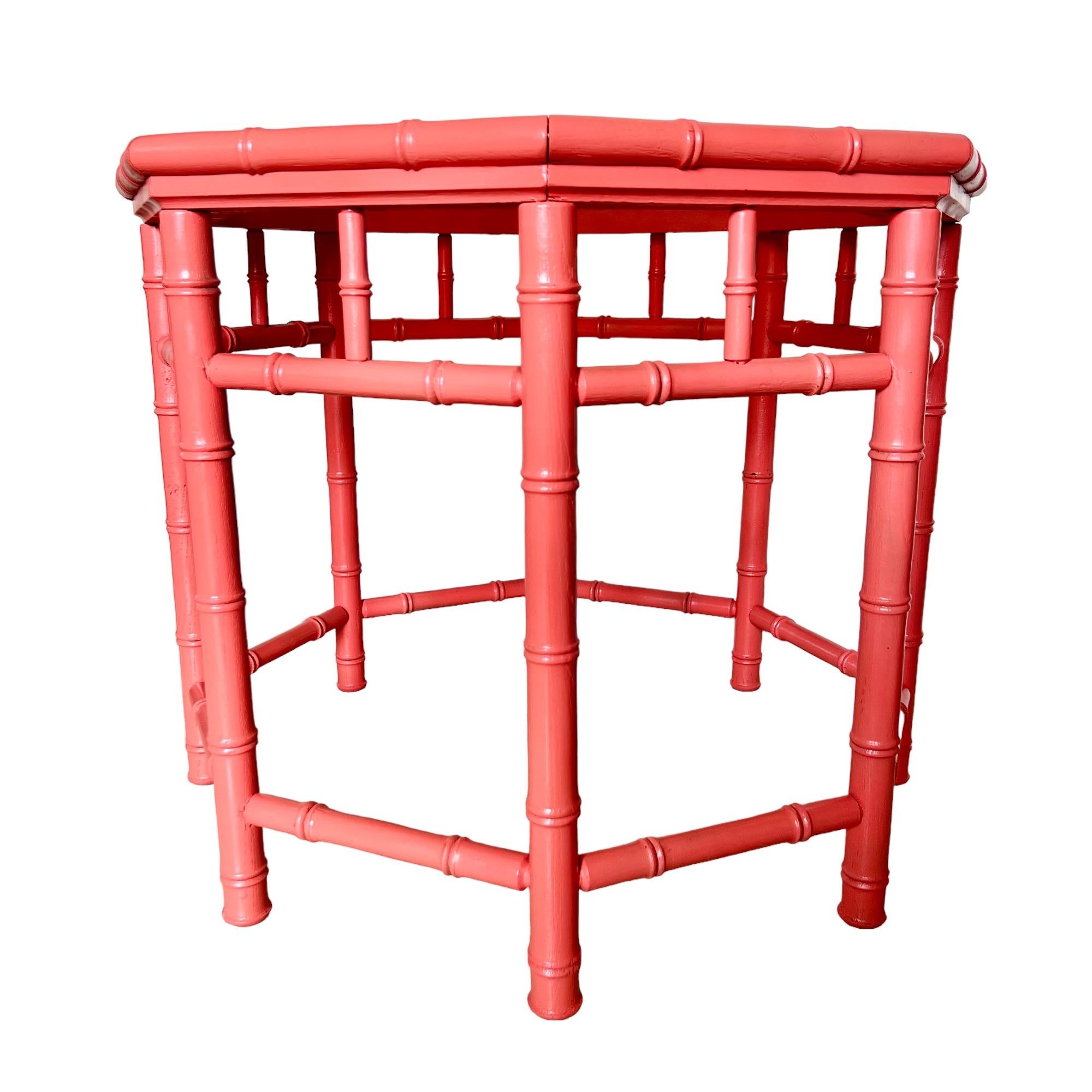 American Vintage Coral Painted Faux Bamboo Octagon Accent Table