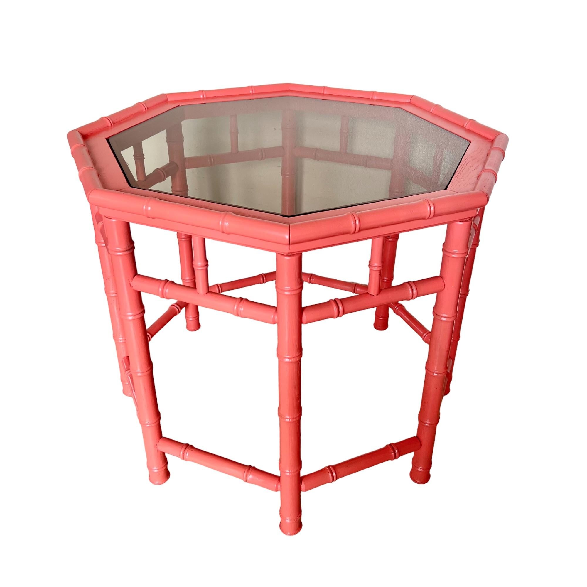 Carved Vintage Coral Painted Faux Bamboo Octagon Accent Table