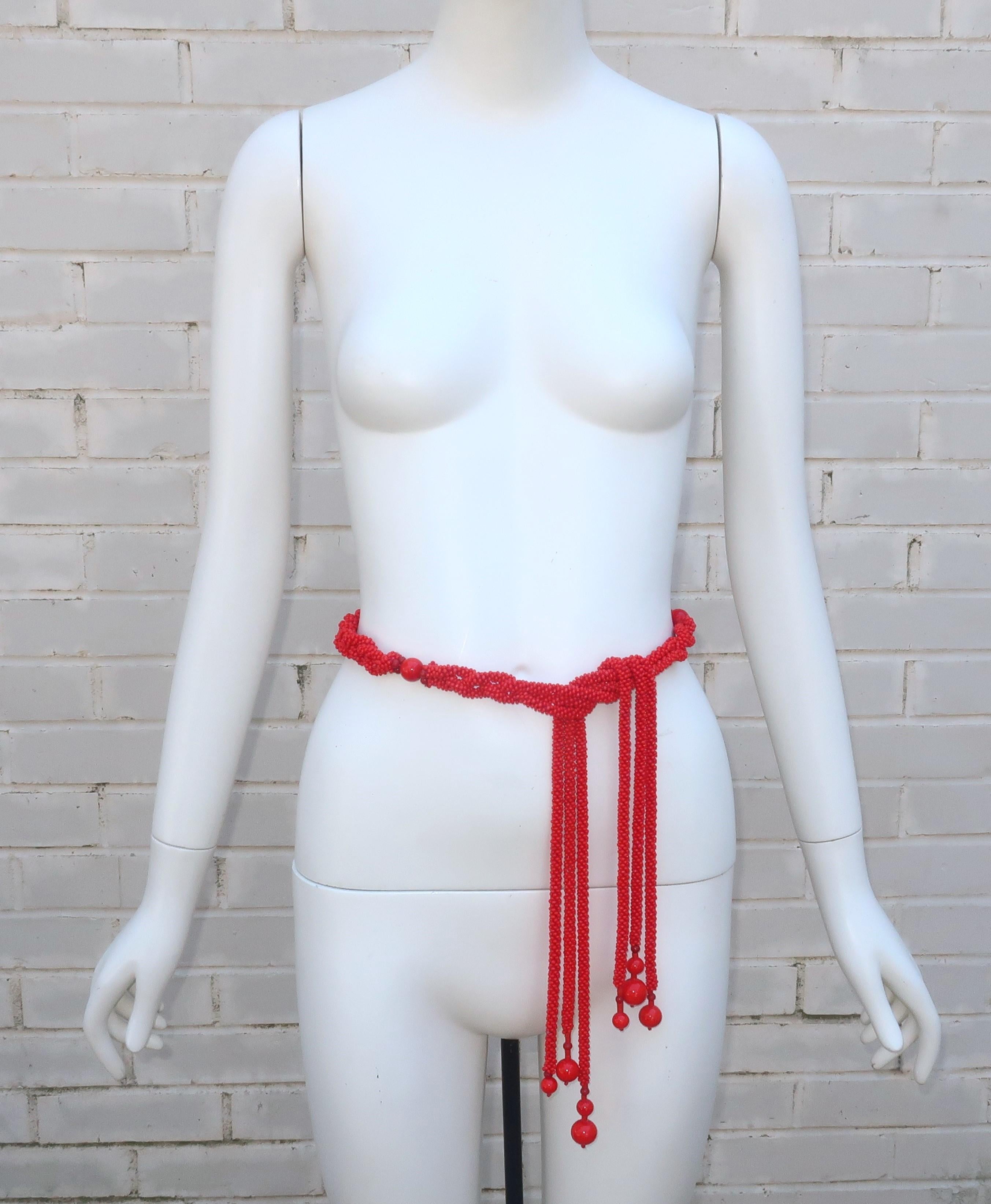 Women's Vintage Coral Red Glass Bead Belt or Necklace For Sale