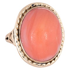 Vintage Coral Ring 10 Karat Yellow Gold Large Oval Estate Fine Jewelry Cocktail