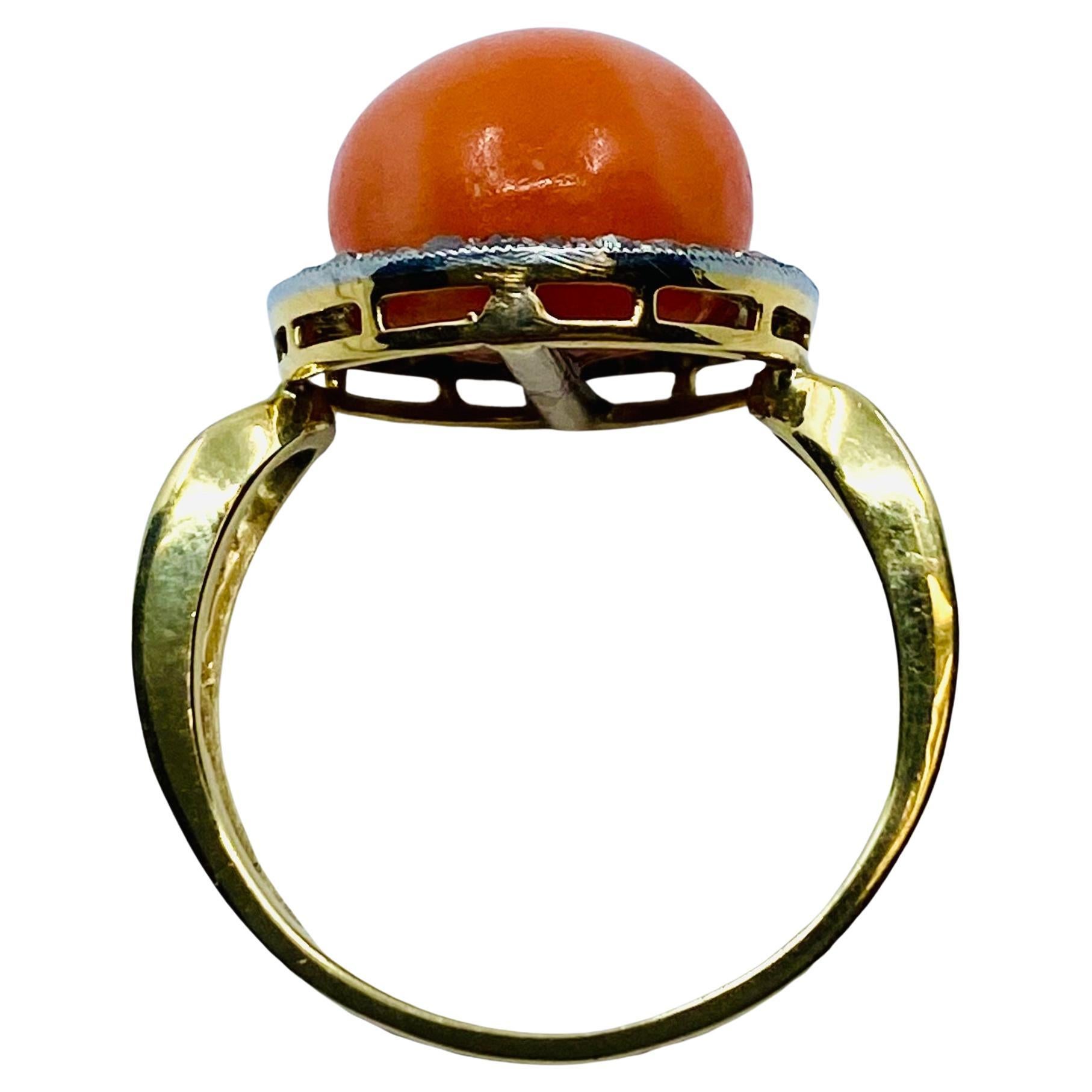 Anillo Coral Vintage Diamante Oro 14k Corte mixto en venta