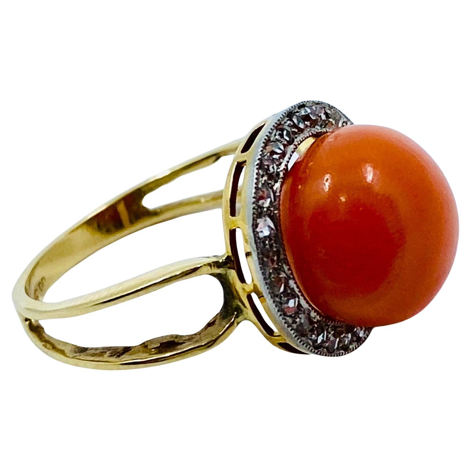 De las mujeres Anillo Coral Vintage Diamante Oro 14k en venta